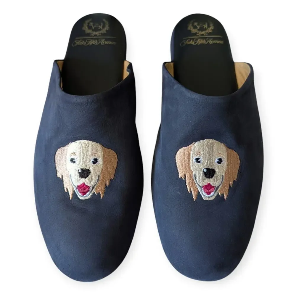Del Toro x Saks Fifth Avenue Dog Embroidered Navy Blue House Slippers Mens 10.5